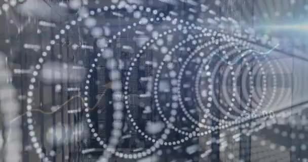 Animace Teček Tvořících Spirálu Světlice Objektivu Graf Číslice Zadním Panelu — Stock video