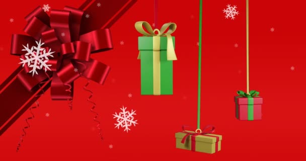 Анимация Рождественских Подарков Красная Лента Украшения Снег Падает Красный Фон — стоковое видео
