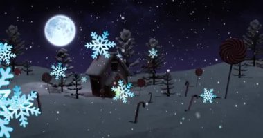 Kış manzarasında dolunay, kar ve evin animasyonu. Noel, şenlik, kutlama ve gelenek konsepti dijital olarak oluşturuldu.