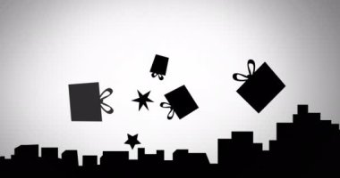 Beyaz arkaplanda hareket eden şekillerin ve hediyelerin animasyonu. Soyut arkaplan, şablon ve hareket kavramı dijital olarak oluşturuldu.
