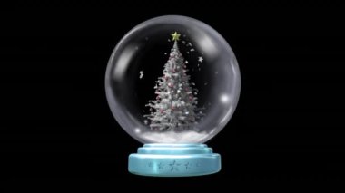 Kar yağan Noel kar küresi ve siyah arka planda Noel ağacı animasyonu. Noel, şenlik, gelenek ve kutlama konsepti dijital olarak oluşturuldu.