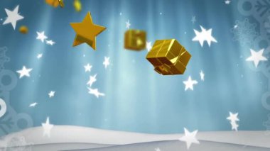 Altın yıldızların ve mavi arka planda düşen hediyelerin animasyonu. Noel, şenlik, kutlama ve gelenek konsepti dijital olarak oluşturuldu.