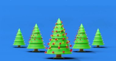 Mavi arka planda, Noel ağaçlarının üzerine düşen kar animasyonu. Noel, şenlik, kutlama ve gelenek konsepti dijital olarak oluşturuldu.