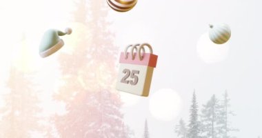 25 numara tarihi ve noel süslemeleri olan takvimin animasyonu. Noel, şenlik, gelenek ve kutlama konsepti dijital olarak oluşturuldu.
