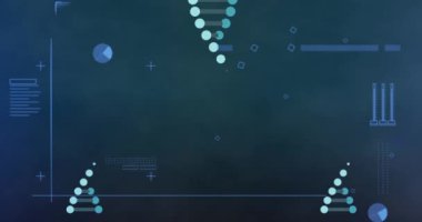 DNA iplikçiklerinin üzerinde veri işleme animasyonu. Küresel bilim ve dijital arayüz kavramı dijital olarak oluşturulmuş video.