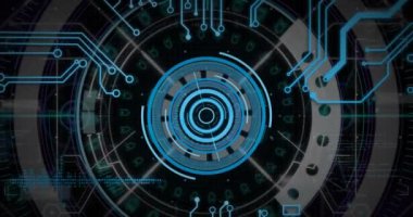 Anakart ve dairesel mavi tarayıcı işleme verilerinin animasyonu. Veri, küresel iletişim ve dijital arayüz kavramı dijital olarak oluşturulmuş video.