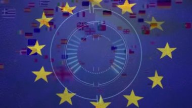 Kapsam taraması ve ulusal bayraklar üzerinde eu bayrağının animasyonu. Küresel finansman, iş ve dijital arayüz kavramı dijital olarak oluşturulmuş video