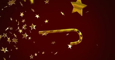 Kırmızı zemine düşen altın yıldızların ve baston şekerlerin animasyonu. Noel, şenlik, kutlama ve gelenek konsepti dijital olarak oluşturuldu.