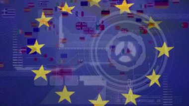 Veri işleme ve ulusal bayraklar üzerinde eu bayrağının canlandırılması. Küresel finansman, iş ve dijital arayüz kavramı dijital olarak oluşturulmuş video