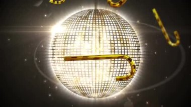 Siyah arka planda ayna disko topunun üzerine düşen altın şeker kamışlarının animasyonu. Noel, şenlik, kutlama ve gelenek konsepti dijital olarak oluşturuldu.