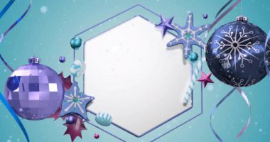 Kar yağışının animasyonu ve altıgen üzerinde mavi arka planda fotokopi alanı olan Noel süslemeleri. Noel, gelenek ve kutlama konsepti dijital olarak oluşturuldu.