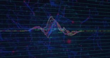 Siyah arka planda yüzen mavi geometrik şekiller üzerinde çok renkli grafiklerin animasyonu. Dijital olarak üretilmiş, hologram, rapor, finans, iş dünyası, soyut ve teknoloji kavramı