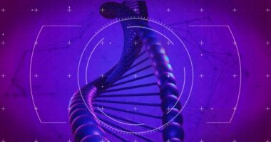 Dna iplikçiklerinin üzerinde mikroskop taraması. Küresel bilim ve dijital arayüz kavramı dijital olarak oluşturulmuş video.