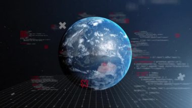 Dünya üzerinde bilgisayar veri işleme animasyonu. Küresel konsept dijital olarak üretilmiş video. Küresel hesaplama, dijital arayüz ve veri işleme kavramı dijital olarak oluşturulmuş video.