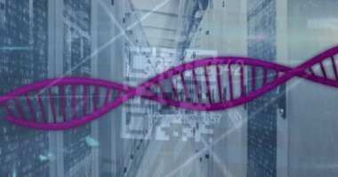 Sunucu odasında dönen DNA iplikçiklerinin animasyonu. Küresel bilim ve veri işleme kavramı dijital olarak oluşturulmuş video.