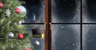 Evin ve kış manzarasının üzerindeki pencere animasyonu. Noel, gelenek ve kutlama konsepti dijital olarak oluşturuldu.