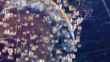 Veri işleme animasyonu ve mavi arkaplan üzerinde insanlar simgeleri. Küresel iş, finans ve dijital arayüz kavramı dijital olarak oluşturulmuş video.