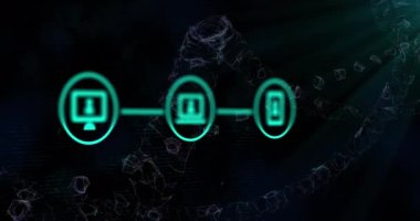 Çemberdeki simgelerin DNA sarmalının üzerindeki çizgilerle soyut arkaplana bağlanması. Dijital olarak üretilmiş, hologram, akış grafiği, genetik, sağlık, tıbbi, molekül ve teknoloji konsepti.