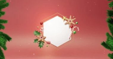 Kar yağışının animasyonu ve kırmızı arka planda kopyalama alanı olan altıgen üzerinde köknar ağacı. Noel, gelenek ve kutlama konsepti dijital olarak oluşturuldu.