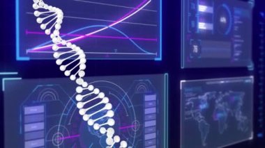 Siyah arka plandaki veri işleme üzerindeki DNA iplikçiklerinin animasyonu. Küresel bilim, bilgisayar ve dijital arayüz kavramı dijital olarak oluşturulmuş video.