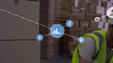 Çizgilerle bağlantılı simgelerin canlandırılması, beyaz işçilerin karton kutuları palete yerleştirmesi. Depo, dijital kompozit, çoklu pozlama, dağıtım, envanter, iletişim ve teknoloji.