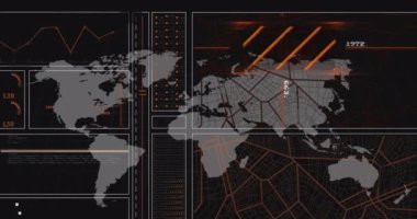 Arka plandaki haritayla navigasyon deseni üzerinde soyut şablonun animasyonu. Dijital olarak üretilmiş, hologram, küresel, konum, aydınlatılmış, küresel konumlandırma sistemi ve teknoloji kavramı.