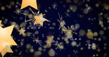 Mavi zemine düşen kar ve yılbaşı yıldızlarının animasyonu. Noel, kış, şenlik, gelenek ve dijital olarak üretilen video konsepti.