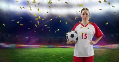 Stadyum üzerinde beyaz kadın futbolcu animasyonu. Küresel spor, vatanseverlik ve dijital arayüz kavramı dijital olarak üretilen video.
