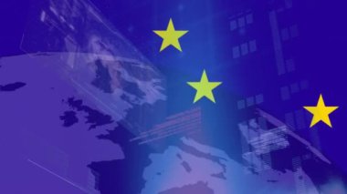 Veri işleme ve kürede eu bayrağının animasyonu. Küresel finansman, iş ve dijital arayüz kavramı dijital olarak oluşturulmuş video