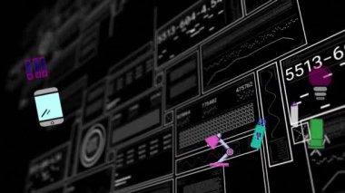 Siyah arkaplanda veri işleme animasyonu. Küresel iş dijital arayüzü teknolojisi ve dijital olarak oluşturulan ağ konsepti.