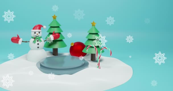 Animation Snow Falling Christmas Decorations Snowman Blue Background Christmas Festivity — Stock Video