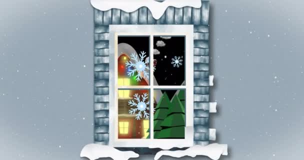 圣诞节 冬季风景和降雪的动画从窗户看出去 圣诞节 庆祝和节日概念数字制作的视频 — 图库视频影像