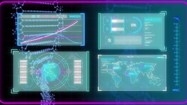 Siyah Arka Plandaki Veri Işleme Üzerindeki Dna Iplikçiklerinin Animasyonu Küresel — Stok video