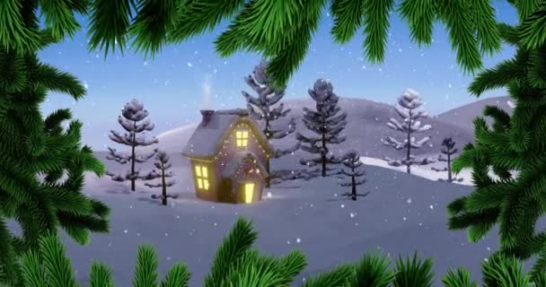 Animação Ramos Abeto Natal Neve Casa Cenário Inverno Natal Festa — Vídeo de Stock