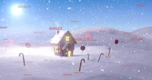 在冬季的风景中 圣诞祝福的动画在糖果手杖 雪和房子上挂着 圣诞节 庆祝和传统概念数字制作的录像 — 图库视频影像