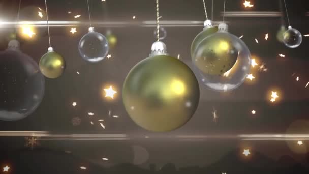 Κινούμενα Σχέδια Χριστουγεννιάτικων Κοσμημάτων Που Κρέμονται Πάνω Από Αστέρια Που — Αρχείο Βίντεο