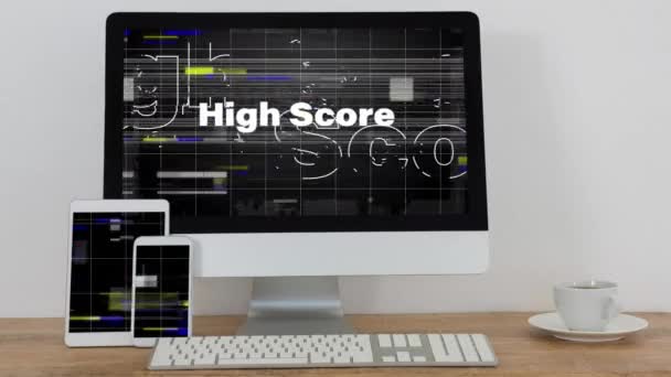 Animatie Van Hoge Score Tekst Interferentie Computer Retro Toekomstig Digitaal — Stockvideo