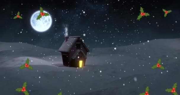 在冬日的风景中 在满月 雪地和房屋之上 神圣的圣诞节的动画 圣诞节 庆祝和传统概念数字制作的录像 — 图库视频影像