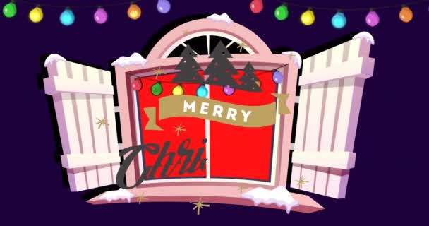 赤い背景に陽気なクリスマス 窓や装飾のアニメーション クリスマス お祝いと伝統の概念デジタル生成ビデオ — ストック動画