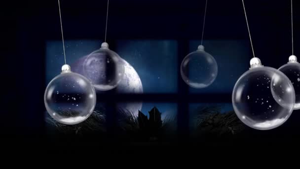 Animação Bugigangas Natal Pairando Sobre Papai Noel Trenó Lua Cheia — Vídeo de Stock