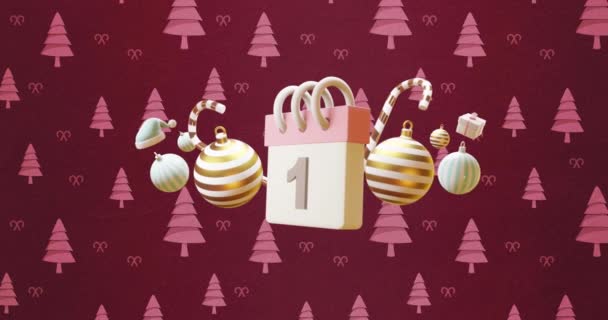 Animación Calendario Con Número Fecha Adornos Navideños Patrón Árbol Navidad — Vídeo de stock