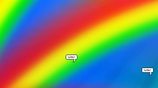 虹の背景に という文字が浮かんでいる複数の発話泡 ハート型のコンフェッティがゆっくり地面に落ち お祝いの雰囲気を作り出します — ストック動画