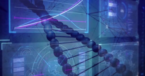 Animation Dna Strand Data Processing Blue Background Global Science Computing — Stock Video