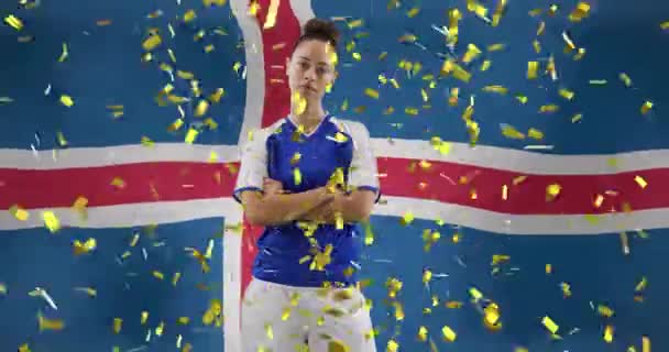 Animação Jogador Futebol Feminino Biracial Sobre Bandeira Islândia Desporto Global — Vídeo de Stock
