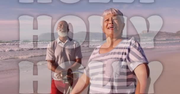 Animación Saludos Navideños Texto Sobre Pareja Biracial Senior Tomando Selfies — Vídeo de stock