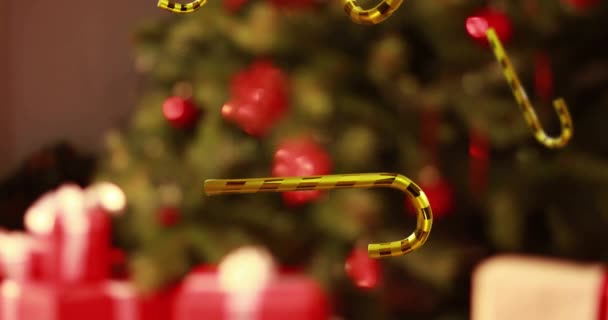 Animace Vánočních Zlatých Cukrovinek Padající Přes Vánoční Stromeček Pozadí Vánoce — Stock video