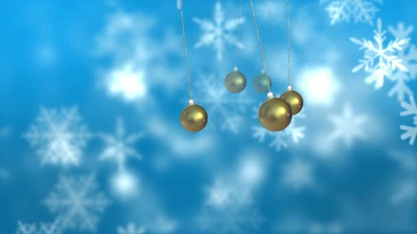 Animație Baubles Crăciun Atârnând Peste Zăpadă Care Încadrează Fundal Albastru — Videoclip de stoc