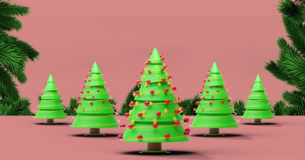 Animatie Van Kerstbomen Die Draaien Een Roze Achtergrond Kerst Festiviteit — Stockvideo