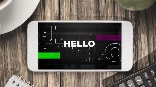 Animáció Hello Szöveg Interferencia Okostelefonon Retro Jövő Digitális Interfész Koncepció — Stock videók