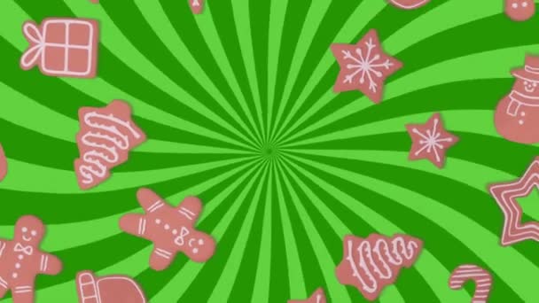 緑の縞模様の背景に落ちる雪のフレーク上のクリスマスジンジャーブレッドクッキーのアニメーション クリスマス お祭り お祝いのコンセプトデジタル生成ビデオ — ストック動画